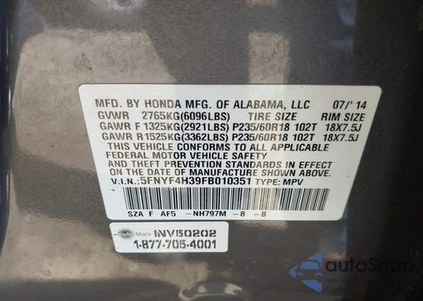 2015 Honda Pilot Se from USA, damaged, VIN 5FNYF4H39FB010351